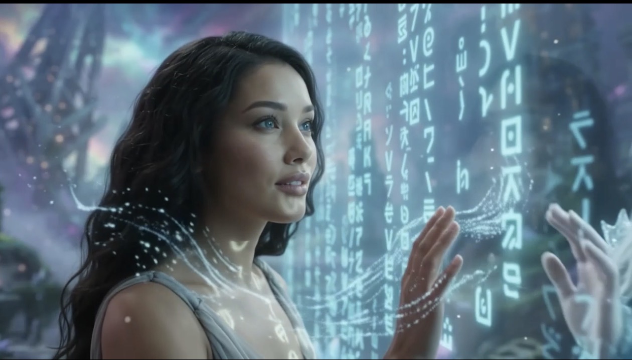 A woman touching a wall of glowing holographic symbols