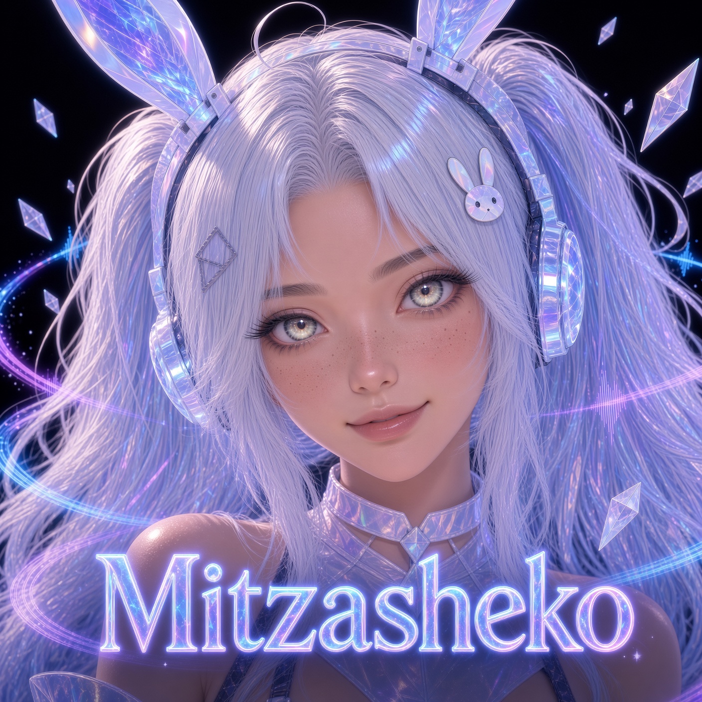 Mitzasheko, a holographic star with lavender pigtails and iridescent bunny headphones, ringed by glowing crystals and sound waves
