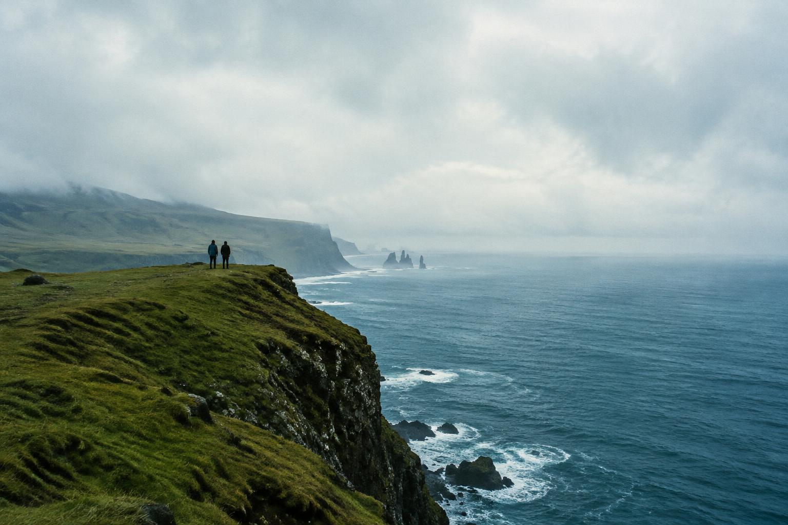 Two figures on a windswept coastal cliff