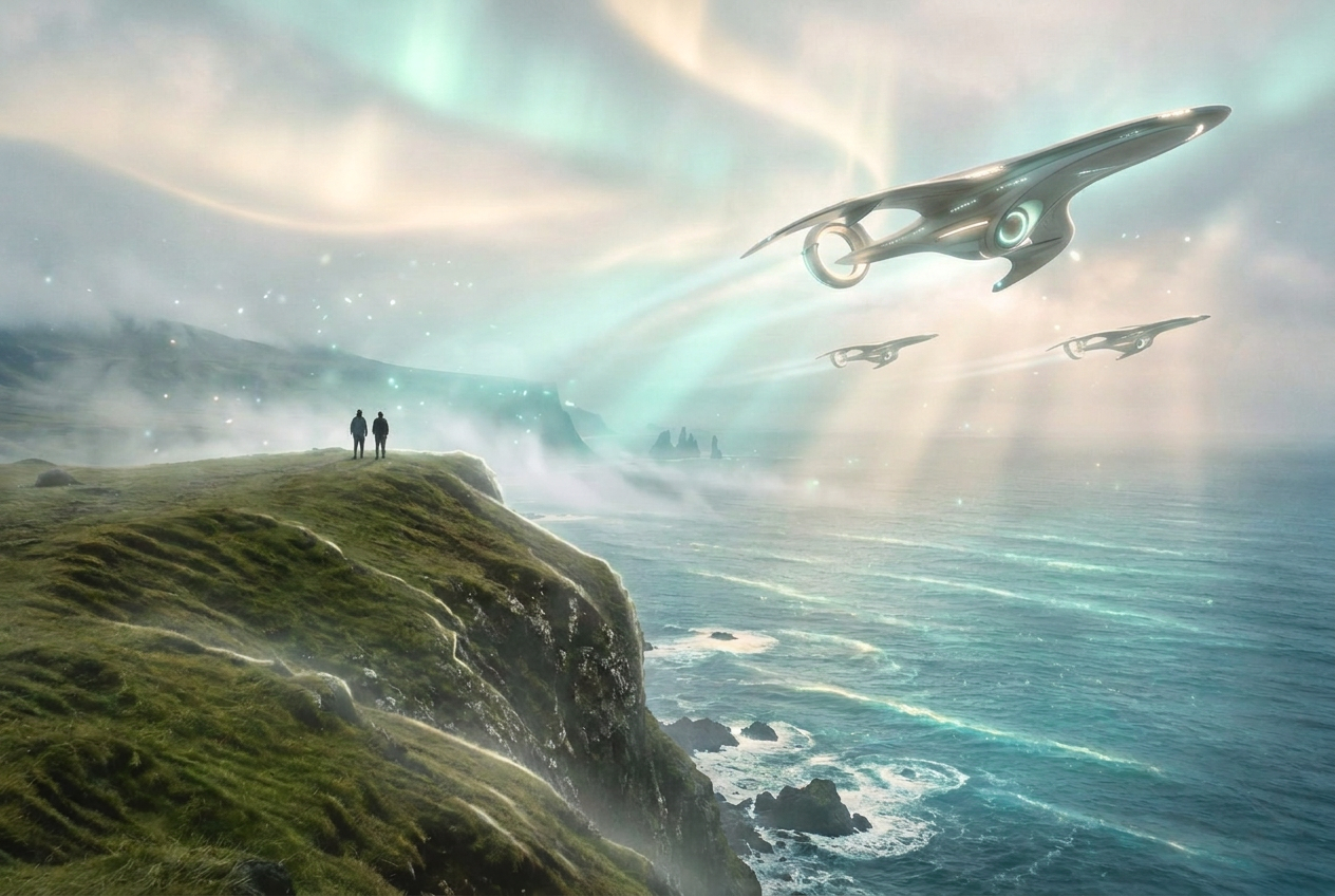 Two people on a glowing misty cliff watching starships drift over the sea