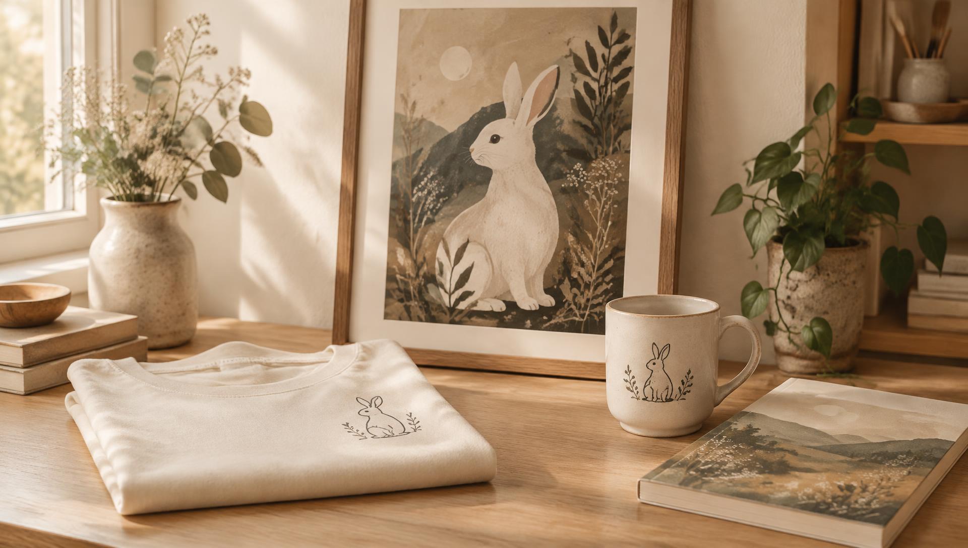 A framed rabbit print, t-shirt, mug and art book on a warm wooden table